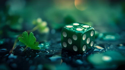 Emerald dice rest in dewy foliage, glowing with quiet chance