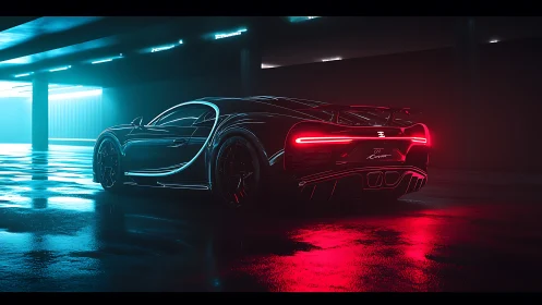 Black hypercar glows under neon cyan and red garage lighting
