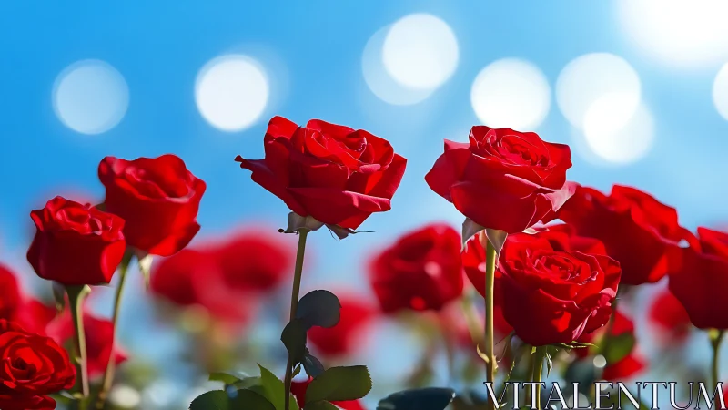 Red Roses Against Blue Sky: Depth-of-Field Botanical Study.