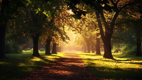 Golden hour tree avenue with dappled light and deep shadows.