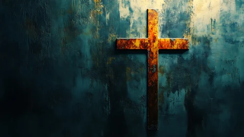 Rusted metal cross on textured blue wall under strong light.