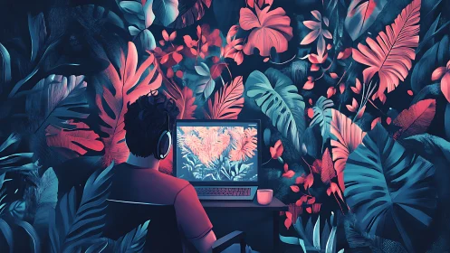 Seated figure views laptop amid stylized tropical foliage