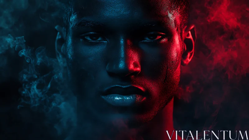 Bicolor volumetric portrait with high-contrast rim lighting.