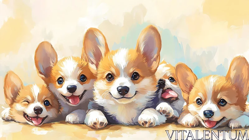 Corgi puppy cuddle lineup basking in soft pastel sunshine.