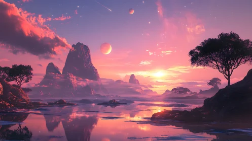 Spectral exoplanet shoreline with tri-lunar atmospheric sunset.