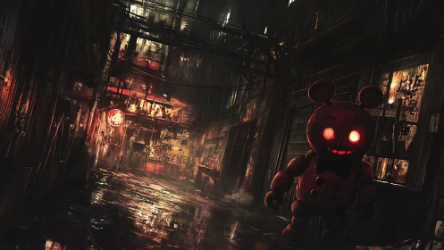 Glowing toy bear waits in a rain-soaked neon back alley