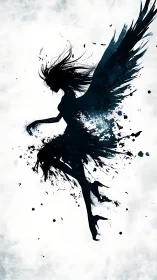 Ink-splintered angel silhouette diving through pale storm.