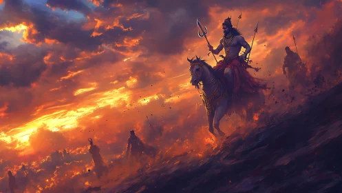 Digital painting of warrior cavalcade under incendiary sky.