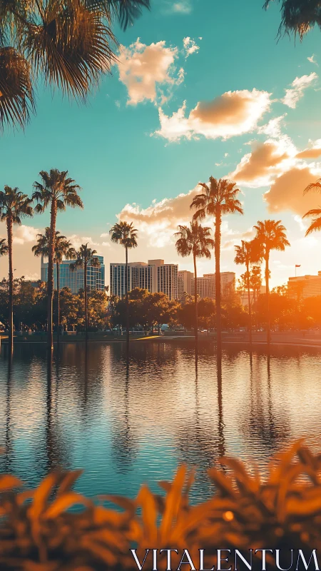 Urban skyline behind palm-lined lake at low sun angle.