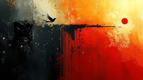 Abstract horizon with bird silhouette and red circular sun.