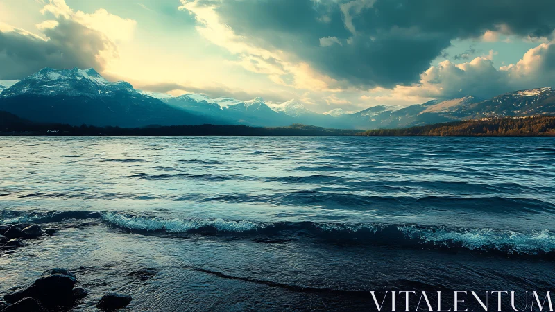 Mountain lake shoreline meets distant snow covered peaks at dusk