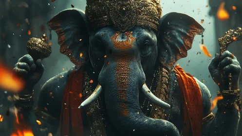 Elephant headed deity statue rendered with dramatic digital lighting