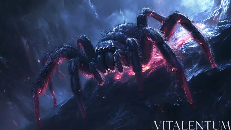 Giant molten spider crosses dark volcanic ridge at night