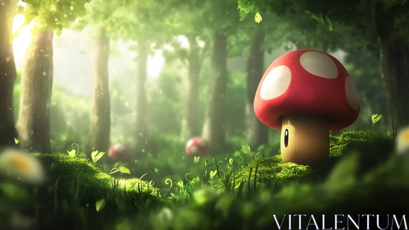 Stylized red mushroom character glows softly in mossy forest