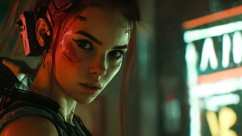 Cybernetic woman stares through neon haze in tense focus.