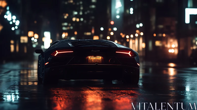 Midnight supercar glow on rain-soaked city streets.
