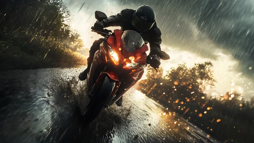 Dynamic photoreal motorcycle sprint in cinematic rainstorm.