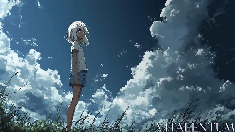 Summer sky drifts above a thoughtful girl in tall grass