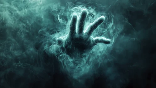 Ethereal spectral hand emerging through turbulent teal mist