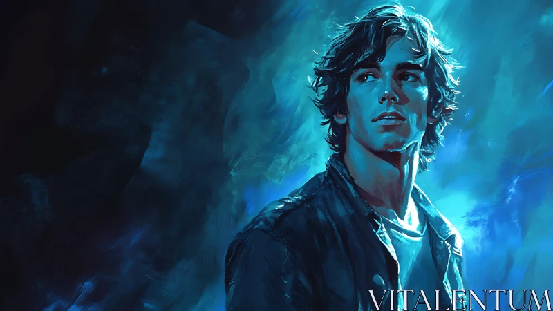 Young man gazes into glowing blue light with quiet resolve