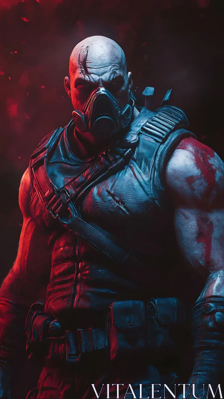 Cybernetic gas-mask enforcer in red blue rim lighting