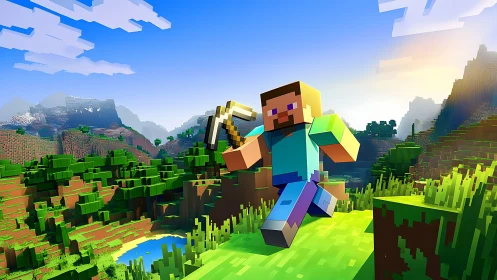 Blocky game character runs across sunlit voxel valley