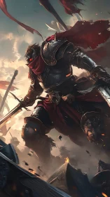 Dark armored warlord strides through burning battlefield