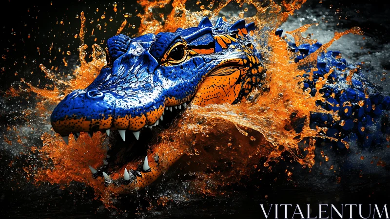 Neon blue crocodile bursting through vivid orange water.