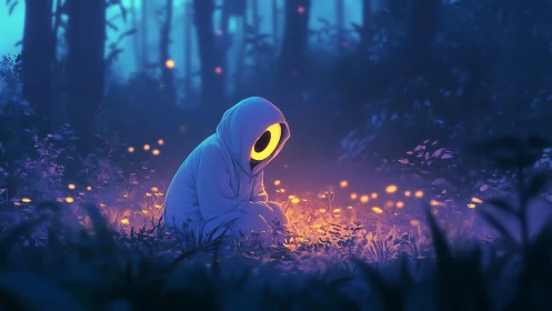 Hooded glowing figure seated among fireflies in forest.