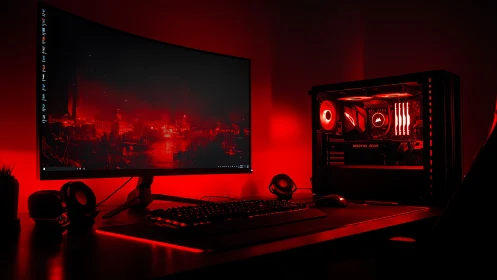 Curved monitor and gaming PC in red LED desktop setup.