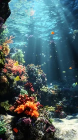Photorealistic coral reef tableau with volumetric light shafts.