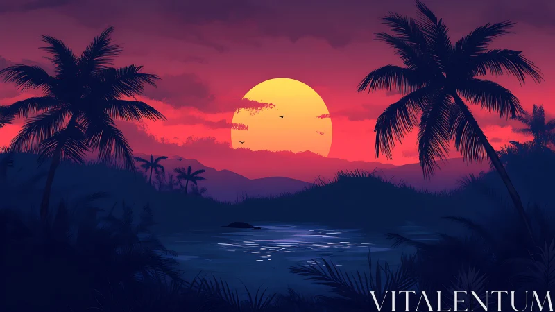 Gentle tropical sunset glowing over calm palm-lined water.