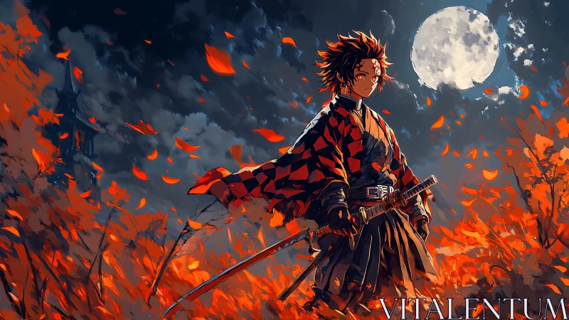 Moonlit swordsman in blazing autumn wind and ember leaves.