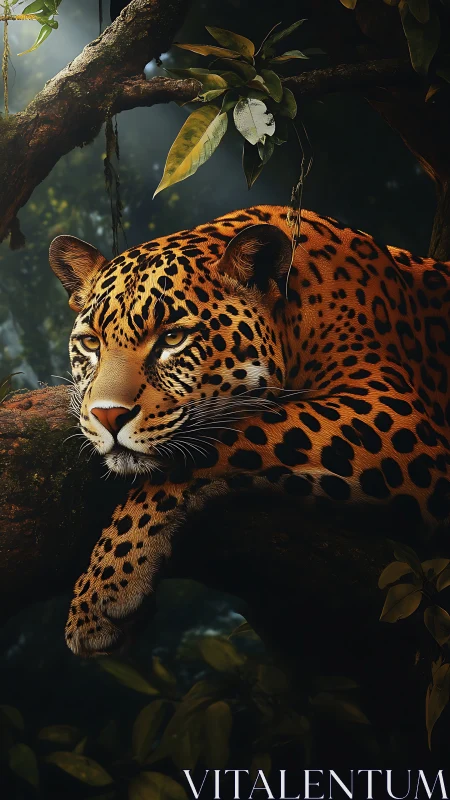 Leopard rests on jungle branch in golden rainforest light.