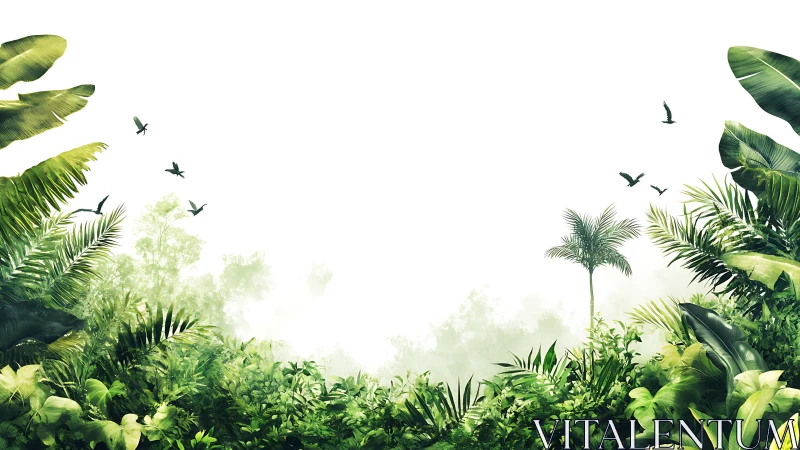 Tropical Jungle Canopy with Lush Vegetation and Birds.