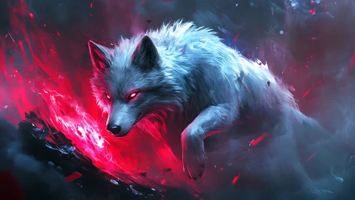 Ghostly white wolf charges through neon crimson storm.