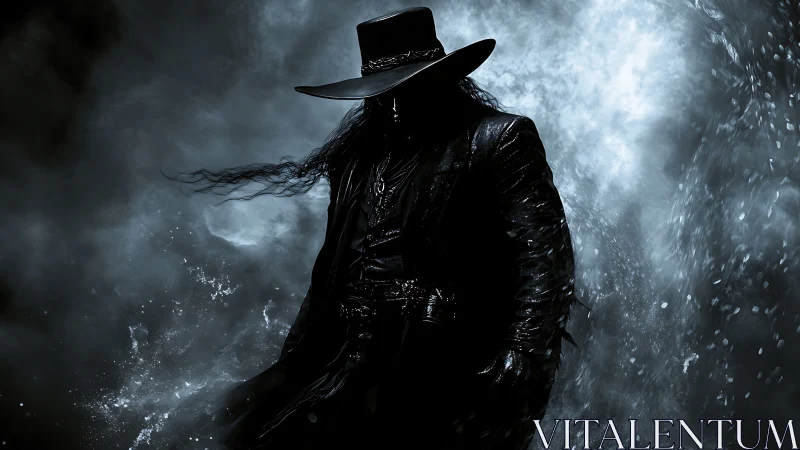 Silhouetted gunslinger stands in backlit stormy spray