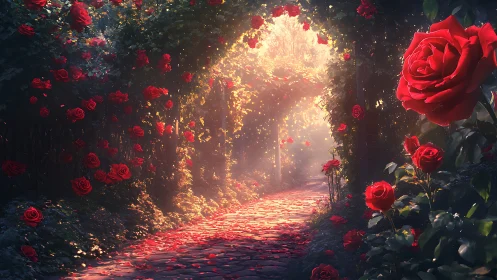 Luminous Red Rose Garden Archway with Golden Light.