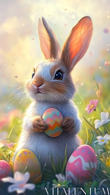 Bright-eyed Easter bunny gently holds a colorful egg in spring