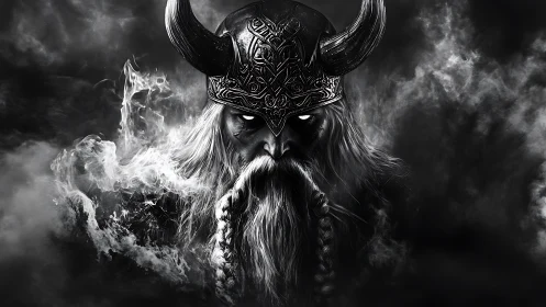 Storm-forged viking warlord emerging from swirling shadowed mist.