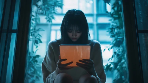 Young woman studies on glowing tablet in cool urban dusk