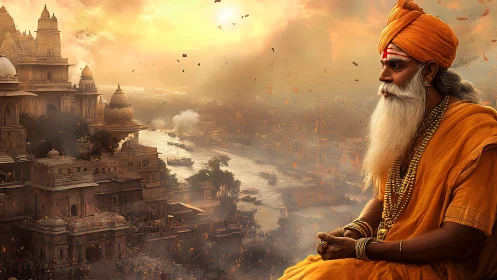 Elder in saffron gazes over golden riverside temples.