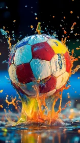 Color-splashed soccer ball captured in dynamic water impact.
