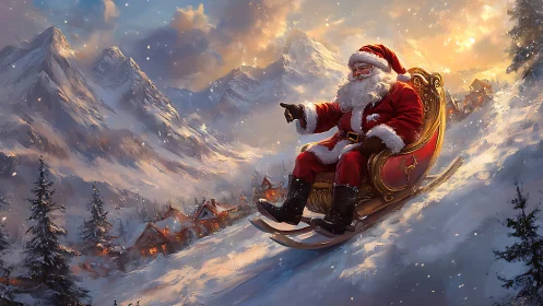 Santa in red sleigh gliding down snowy mountain village