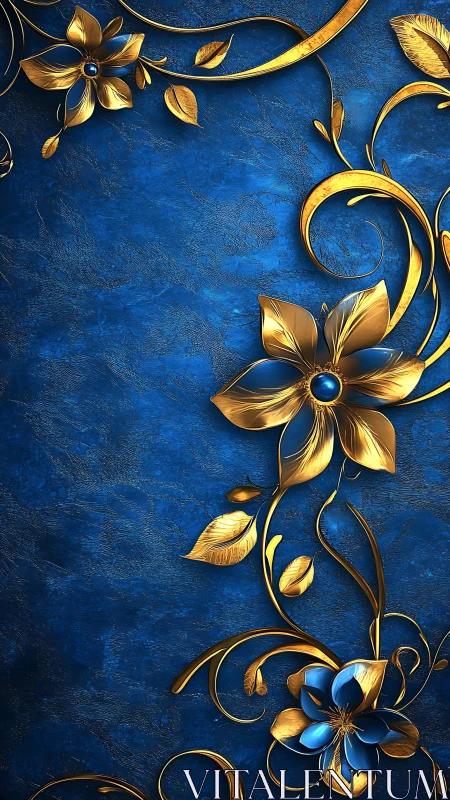 Ornate gold floral relief on textured cobalt blue ground.