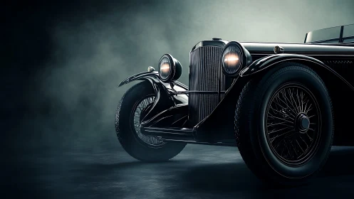 Vintage black roadster front end shows detailed lighting