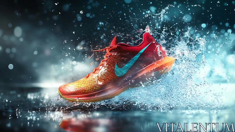 Red athletic running shoe impacting water with splash effect.