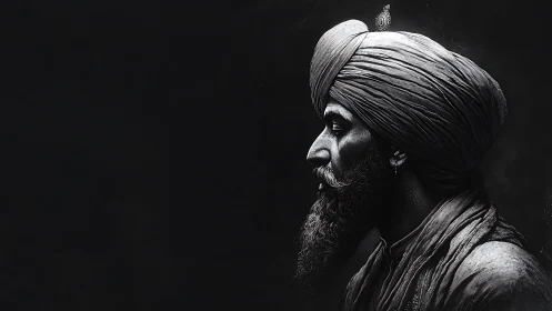 Stoic turbaned profile rendered in stark monochrome contrast