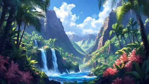 Lush tropical canyon with multi-tiered waterfall under high noon light