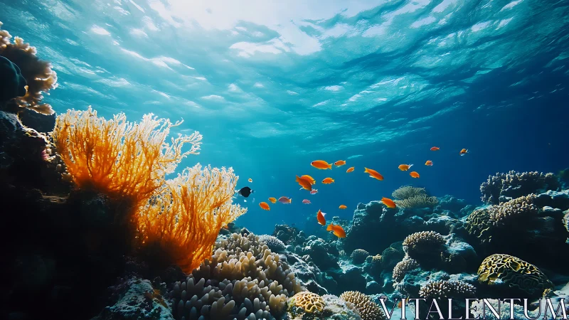 Sunlit coral forest shimmers while orange fish drift by